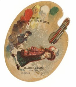 Imagen de niña tirando de un trineo en la nieve sobre una paleta de pintura de American School