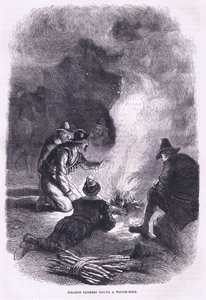 Padres peregrinos alrededor de una fogata, ilustración de la Historia de los Estados Unidos de Cassell, pub. por Petter & Galpin c.1890 de American School