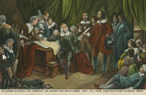 Peregrinos firmando el pacto a bordo del Mayflower, puerto de Princetown, Massachusetts de American School