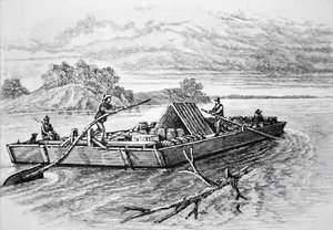 Bote plano pionero en el río Mississippi, c. 1840 (grabado) de American School