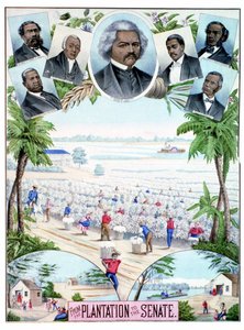 Plantaciones en el Senado: ilustración que muestra trabajadores negros en plantaciones de algodón y senadores negros en el sur de Estados Unidos. de American School