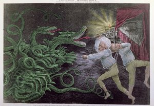 Quijotismo Político: El Hércules Diplomático atacando a la Hidra Política, publicado por Bisbee, c.1833