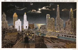 Postal de Chicago de noche, c.1930