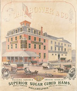 Póster publicitario de John Bower & Co. Superior Sugar Cured Hams