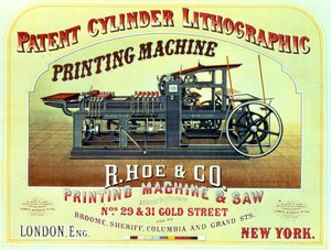 Cartel publicitario de la Máquina de Impresión Litográfica de Cilindro Patentado, R. Hoe & Co., Londres y Nueva York