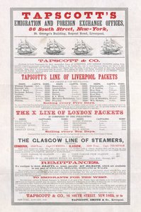 Cartel publicitario de las Oficinas de Emigración y Cambio Extranjero de Tapscott, Nueva York, enero de 1859