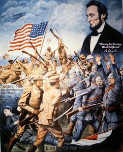 Póster celebrando el heroísmo de los soldados afroamericanos en la Primera Guerra Mundial de American School