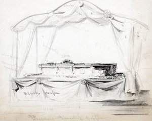 El ataúd del presidente Abraham Lincoln en estado en la Casa Blanca, Washington D.C., abril 1865