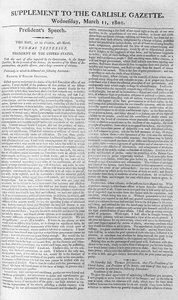 Discurso inaugural del presidente Jefferson, suplemento de la Carlisle Gazette, 11 de marzo de 1801 de American School