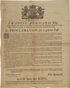 Proclamación en nombre de Francis Bernard, Gobernador de la Bahía de Massachusetts: anunciando un día de ayuno durante la Guerra Franco-India, 8 de abril de 1761 de American School