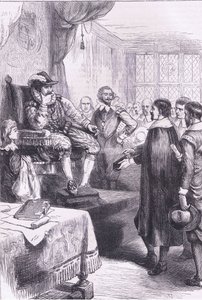 Puritanos ante Jacobo I, ilustración de la Historia de los Estados Unidos de Cassell, publicada por Petter & Galpin c.1890