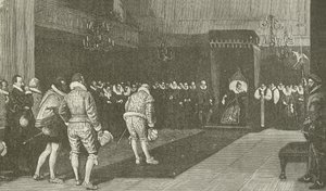La reina Isabel recibiendo a los embajadores franceses después de la masacre de San Bartolomé, del cuadro de Wm F Yeames de American School