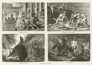 Juegos romanos, carrera de carros, combate de gladiadores, batalla naval, corrida de toros de American School