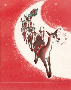 Rudolph el reno de la nariz roja guiando el trineo de Papá Noel