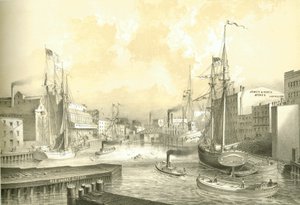 Puente de Rush Street, vista desde State Street, de Chicago Illustrated, con descripciones literarias de James W. Sheahan, publicado por Jevne & Almini, Chicago, 1866-67 de American School