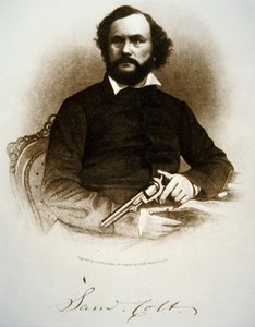 Samuel Colt sosteniendo uno de sus revólveres de percusión de American School