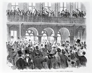 Reunión de secesión frente a la Casa de los Molinos, Meeting Street, Charleston, Carolina del Sur, c.1860 (grabado) de American School