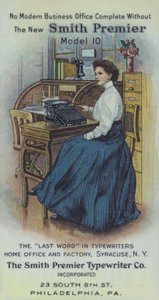 Secretaria en su despacho, con la nueva máquina de escribir Smith Premier (litografía en color) de American School