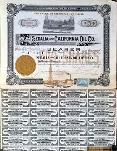 Certificado de Acción para la Compañía de Petróleo de Sedalia y California, EE.UU., 1901 de American School