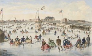 Patinaje en Union Pond, pub. 1863 (litografía en color) de American School