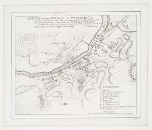 Boceto de la escaramuza en Petersburg: entre el Ejército Real bajo el mando del Mayor Gel. Phillips y el ejército americano comandado por el Mayor Genl. Steuben en el que estos últimos fueron derrotados, 25 de abril de 1781 de American School