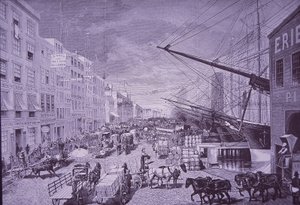 South Street Seaport en la década de 1870, Ciudad de Nueva York (grabado) de American School