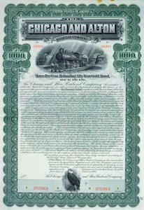 Certificado de bono de muestra por 1000 dólares para la Compañía de Ferrocarriles de Chicago y Alton, 1899 de American School
