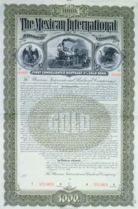 Certificado de bono de muestra por 1000 dólares para la Compañía Internacional de Ferrocarriles de México, 1897 de American School