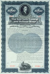 Certificado de bono de muestra por 1000 dólares para la Compañía de Ferrocarriles de Nueva York Central y del Río Hudson, c.1900 de American School