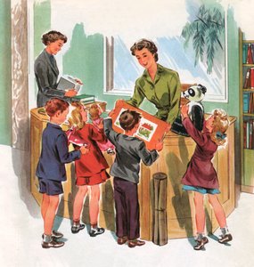 Alumnos en la biblioteca escolar, c.1950 (serigrafía) de American School