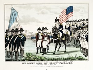 Rendición de Cornwallis en York Town, VA, octubre de 1781, pub. Currier  Ives de American School