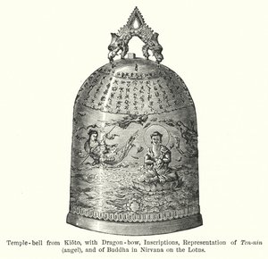 Campana del templo de Kioto, con arco de dragón, inscripciones, representación de Ten-nin, ángel, y de Buda en Nirvana sobre el loto de American School