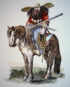 Caricatura de Texas Ranger, que representa la vista urbana oriental del Ranger salvaje y peludo