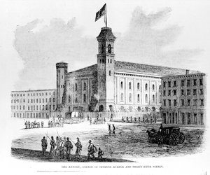 La armería, esquina de la Séptima Avenida y la Calle Treinta y Cinco, escena de los disturbios por el reclutamiento en Nueva York, 1863