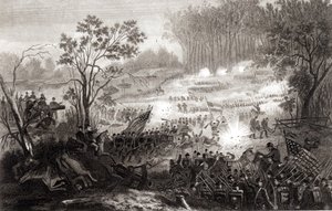 La batalla en Pittsburg Landing, grabado por H. B. Hall, 1862 de American School