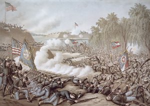 La Batalla de Corinto, 3-4 de octubre de 1862, mostrando banderas del Norte y del Sur, por Kurz & Allison de American School
