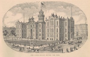 El Palacio de Justicia antes del Incendio, impreso por Moss Engraving Co., Nueva York, ilustración de la Historia de Chicago vol. 2 por Alfred Theodore Andreas, publicado en 1885