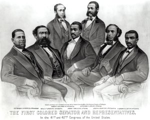 El primer senador y representantes de color, en el 41º y 42º Congreso de los Estados Unidos, publicado por Currier y Ives, 1872 de American School