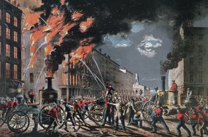 La vida de un bombero (Departamento de Bomberos Voluntarios de Nueva York), publicado por Currier & Ives de American School