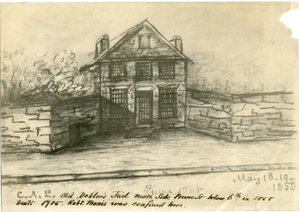 La antigua cárcel de deudores, lado de Prune St. debajo de la 6ª, ilustración del Castner Scrapbook, 1858 (foto-litografía)