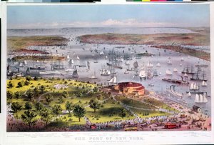 El puerto de Nueva York, vista aérea desde Battery mirando hacia el sur, grabado por Parsons & Atwater, publicado por Currier & Ives, 1872