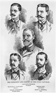 El Presidente Salvador Cisneros Betancourt (1828-1914) y el Gabinete de la República de Cuba, c. 1895, ilustración de La Historia de Cuba por Murat Halstead, la Compañía Werner, publicado en 1898 de American School