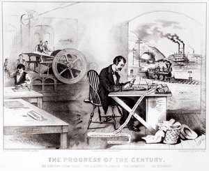 El Progreso del Siglo: La Prensa de Vapor Relámpago, el Telégrafo Eléctrico, la Locomotora y el Barco de Vapor, pub. por Currier & Ives, 1876 de American School
