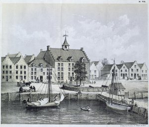 El Stadthuys de Nueva York en 1679, esquina de Pearl Street y Coentijs Slip, del Diario de un viaje a Nueva York en 1679-80 por Jasper Danckaerts (n.1639) y Peter Sluyter (1645-1722), publicado en 1867 de American School
