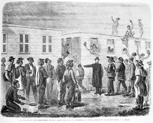 La guerra en Mississippi. Reclutas negros abordando el tren hacia Murfreesboro, de Frank Leslies Illustrated Newspaper, mayo de 1864 de American School