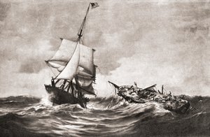 La captura del HMS Frolic por la balandra de guerra USS Wasp, una acción naval librada en el Atlántico el 18 de octubre de 1812, durante la Guerra de 1812, de "The History of Our Country", publicado en 1905 (litografía). de American School