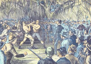 La última pelea de campeonato de boxeo a puño limpio en 1889, John L. Sullivan vs. Jake Kilrain en Richburg, Mississippi de American School