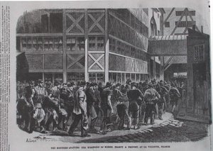 Los refinadores abandonando el taller de Messrs. Jeanty & Provost en la Villette, Francia, de Scientific American, 1870 de American School