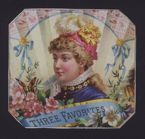 Tres favoritos, etiqueta de cigarro (chromolitho) de American School