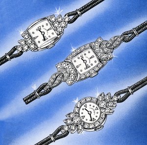 Tres relojes de dama de oro blanco y diamantes de American School